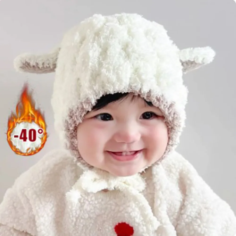 Lambhair Cute Baby Stuffed Hat Warm Windproof Autumn Winter Lamb Ears Beanie Hat Breathable Soft Cartoon Lamb Warm Earmuff Hat