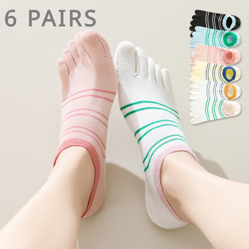 6 Pairs Five Finger Socks Women Striped No Show Slipper Toe Socks Invisible Non Slip Ankle Socks with Separate Fingers