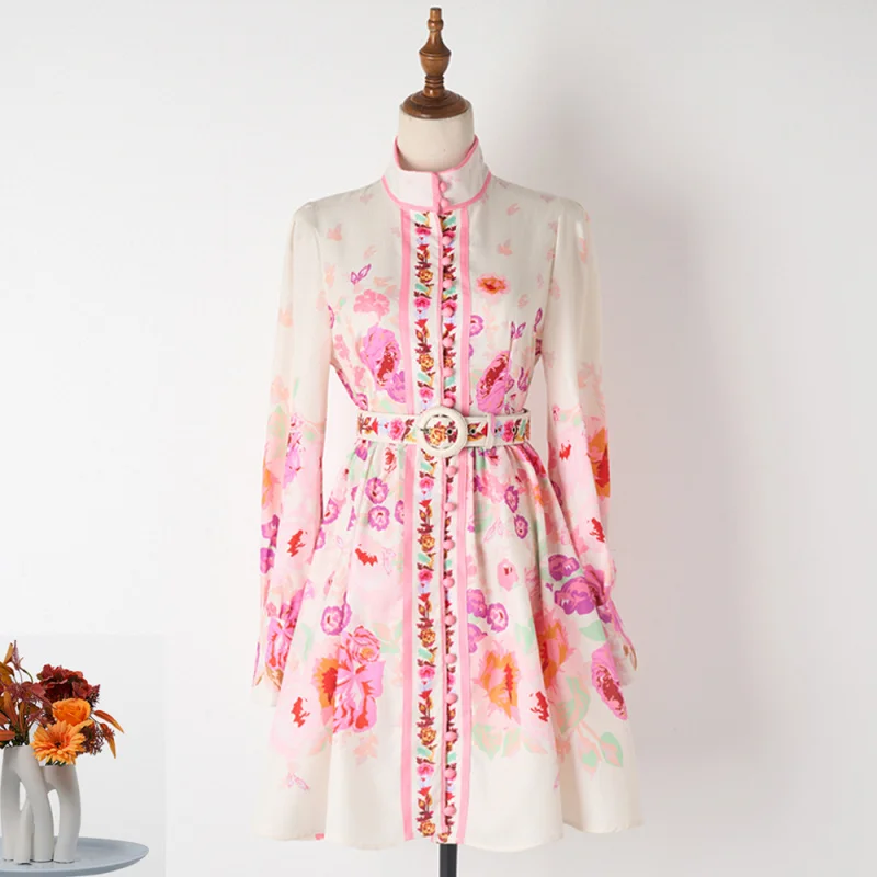 

Real Shot Australian Autumn Half High Collar Positioning Print Belt Waist Slim Short Long Sleeve Dress