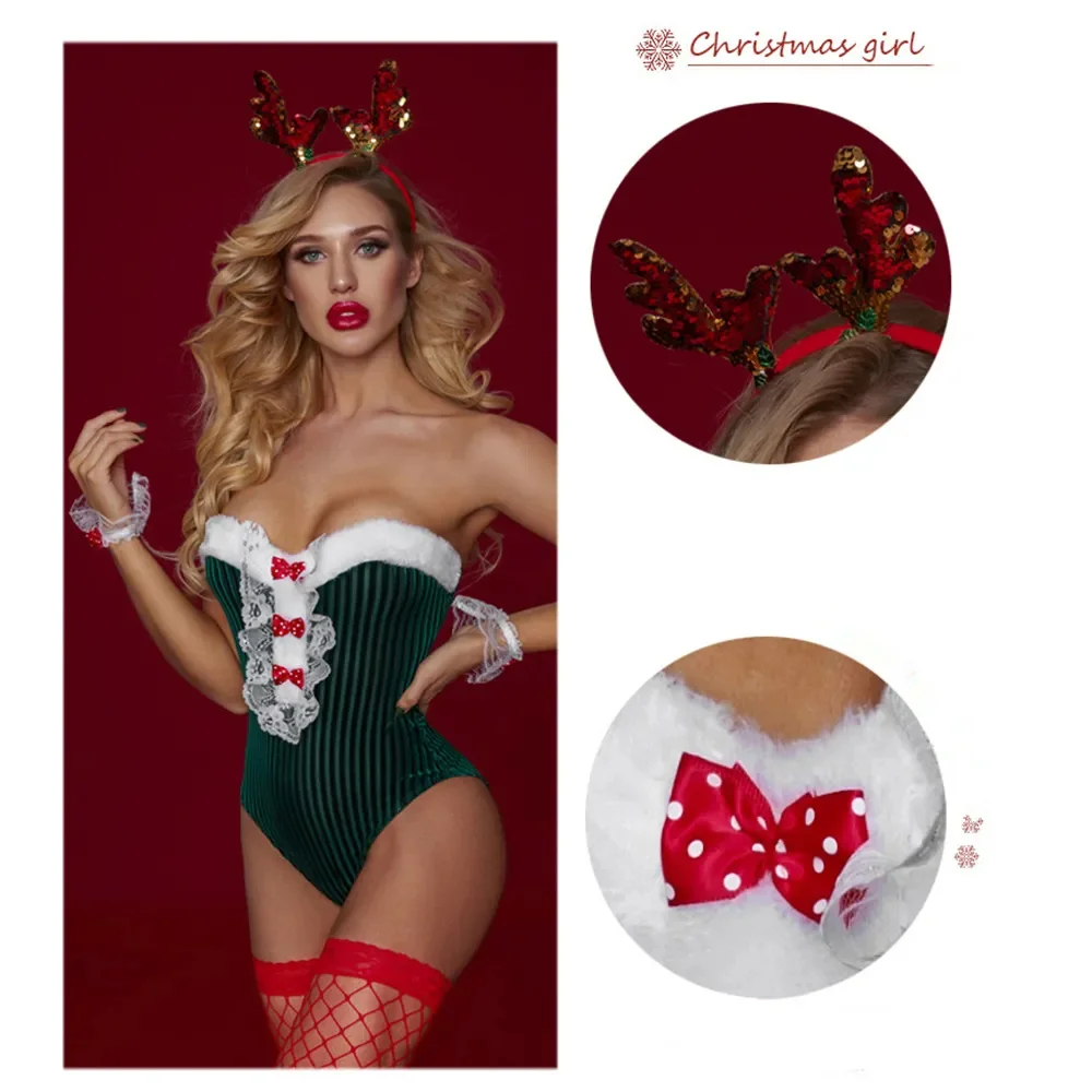 

Sexy Christmas Underwear for Women Erotic Lingerie Corset Bodysuit Lady Cute Elk Headdress Green Nightclub Uniform Temptation