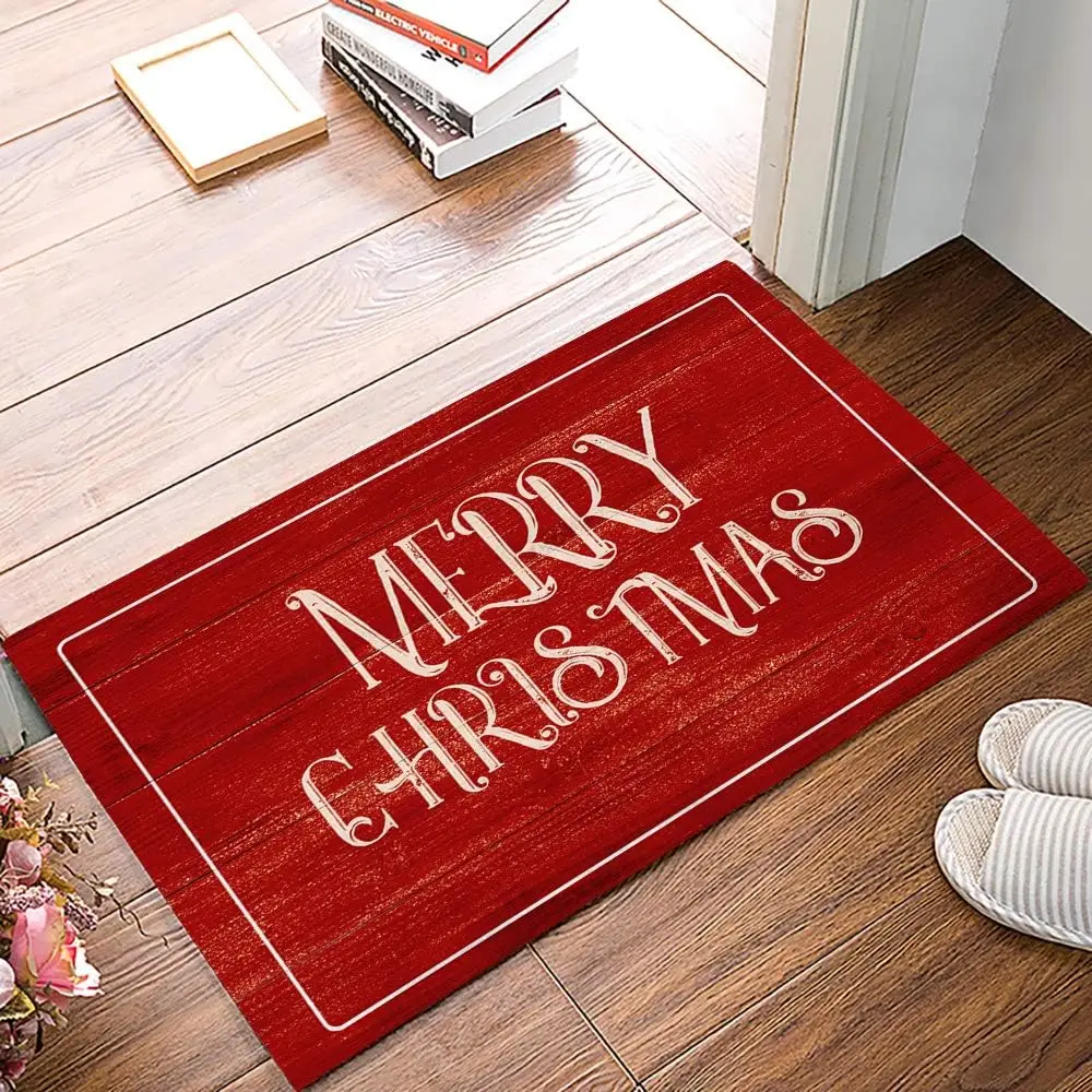 Merry Christmas Red Wood Grain Welcome Door Mat Living Room Entrance Non-slip Floor Mat Balcony Hallway Rug Christmas Decoration