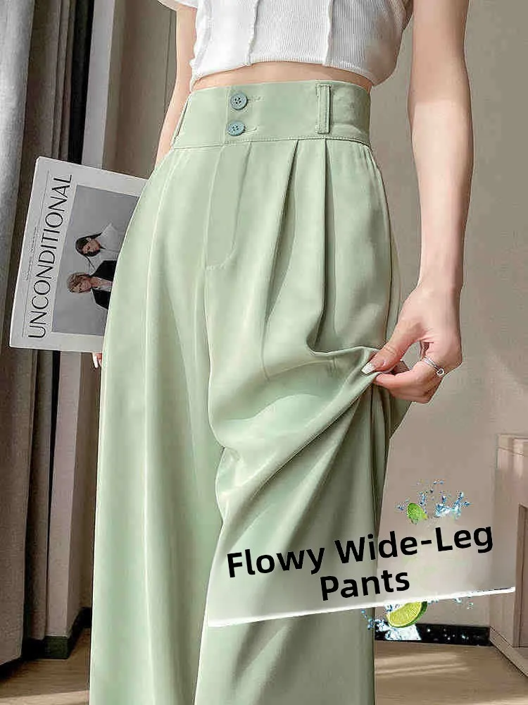 

Slim Fit Ice Silk Wide Leg Pants High Waist Trousers for Women Summer Thin Straight Cut Casual Pants Commute Style Long Pants