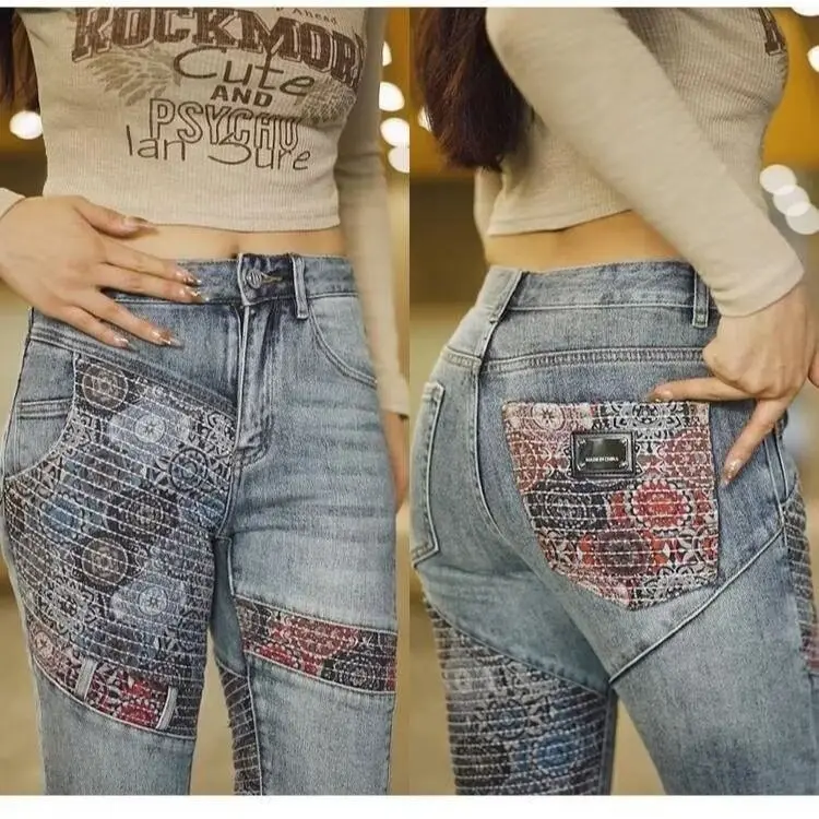 Pantalon à fleurs de cajou automne polyvalent élastique brodé Denim pantalon femmes haut de gamme épissage dames Cargo pantalon décontracté