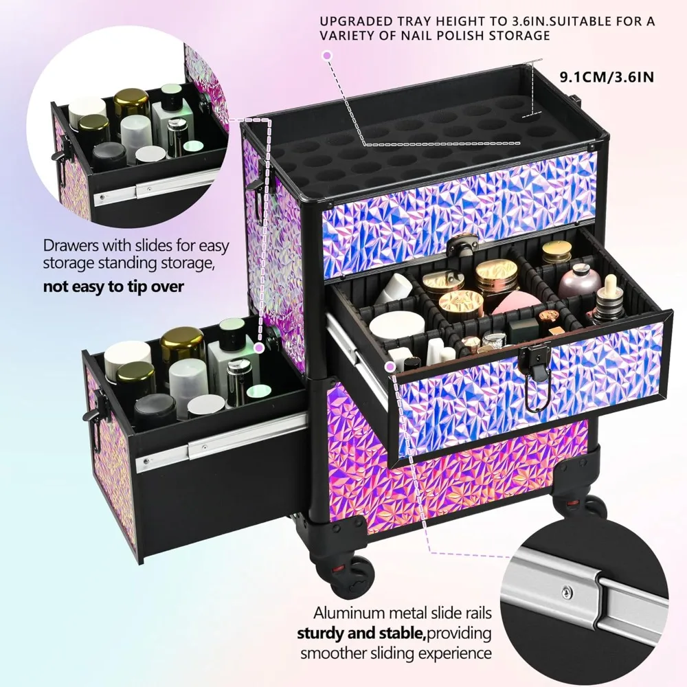 Rolling Makeup Train Case with Drawers, Portable Cosmetic Organizer on Wheels, Professional for Salon, Barber, Nail, Tattoo, Black view 6
