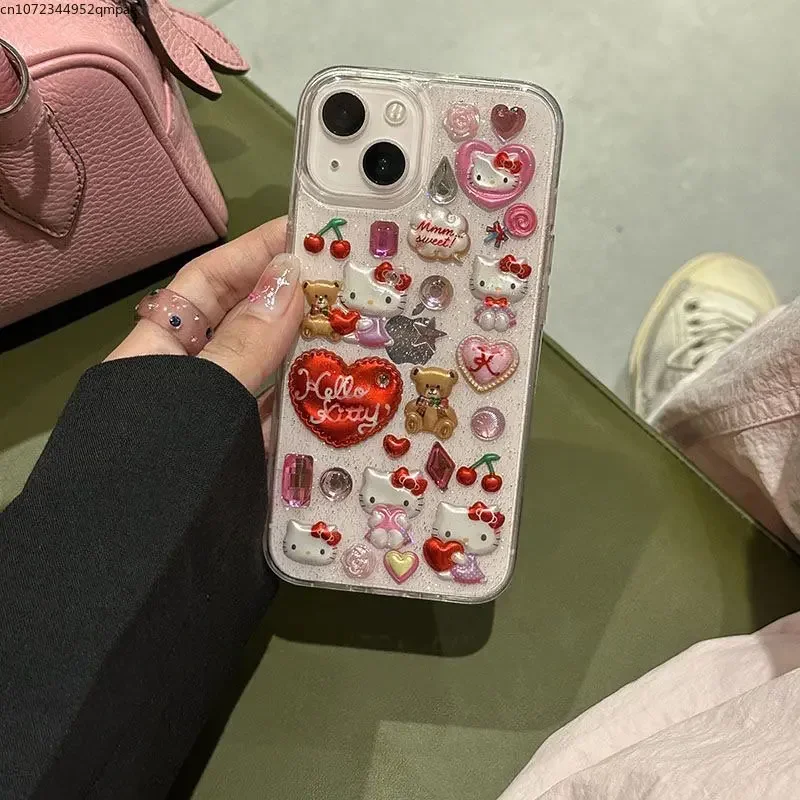 3D Sanrio Hello Kitty Sticker Glitter Phone Case for IPhone 16 11 12 13 14 15 Pro Max  Y2k Girl Anti-drop Soft Back Cover Gift image 3
