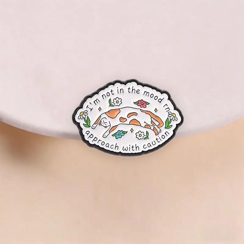 Not In The Mood Approach With Caution Cat Enamel Pin, Calico Kitten On Oval Floral Frame For Introverts And Social Battery Style