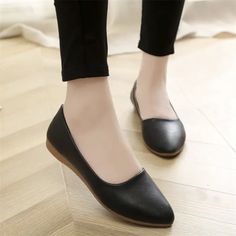 Women\'s Shoes Elegant Flat Shoes Professional Ladies Pointed Toe Fashion Pumps For Woman Office Black White Work Leather Shoes