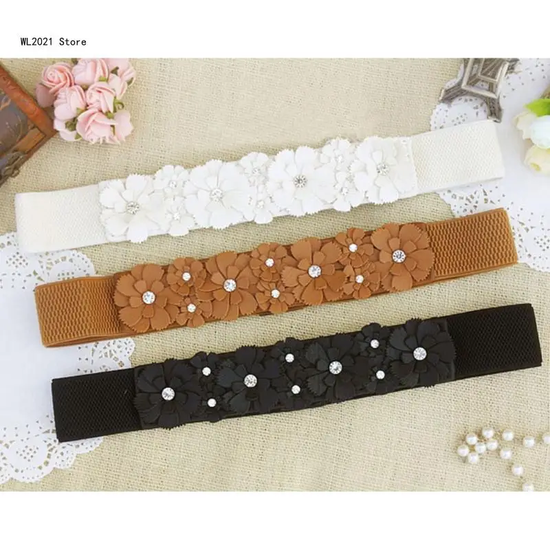Delicate PU Flower Waist Belt Women Elastic Belt Stretchy Flower Belt Wide Waistband for Woman Shirt Blouses Coat Decor