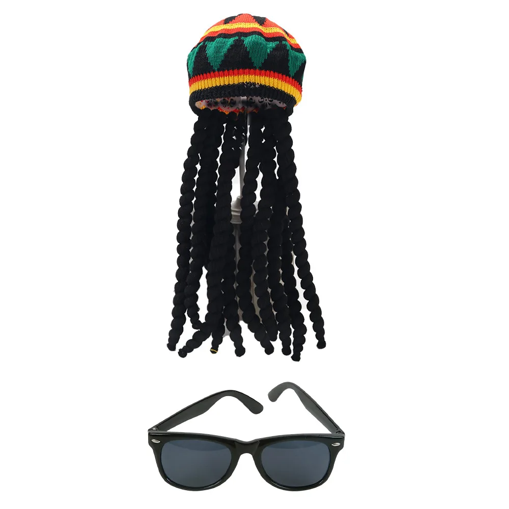 Festival Unisex Knit Braid Hat Jamaican Bob Rasta Beanie Hip Hop Cap Men Costume Retro Bracelet Necklace Clothing Glasses Set view 6