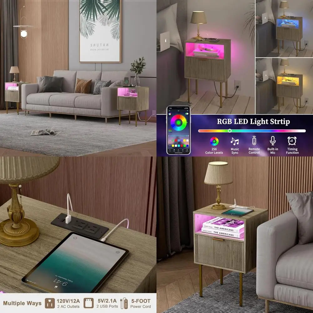 

Modern Nightstand with Charging Station and LED Lights, White Bedside Table with Drawer, Fluted Side Table for Living Room, Bedr