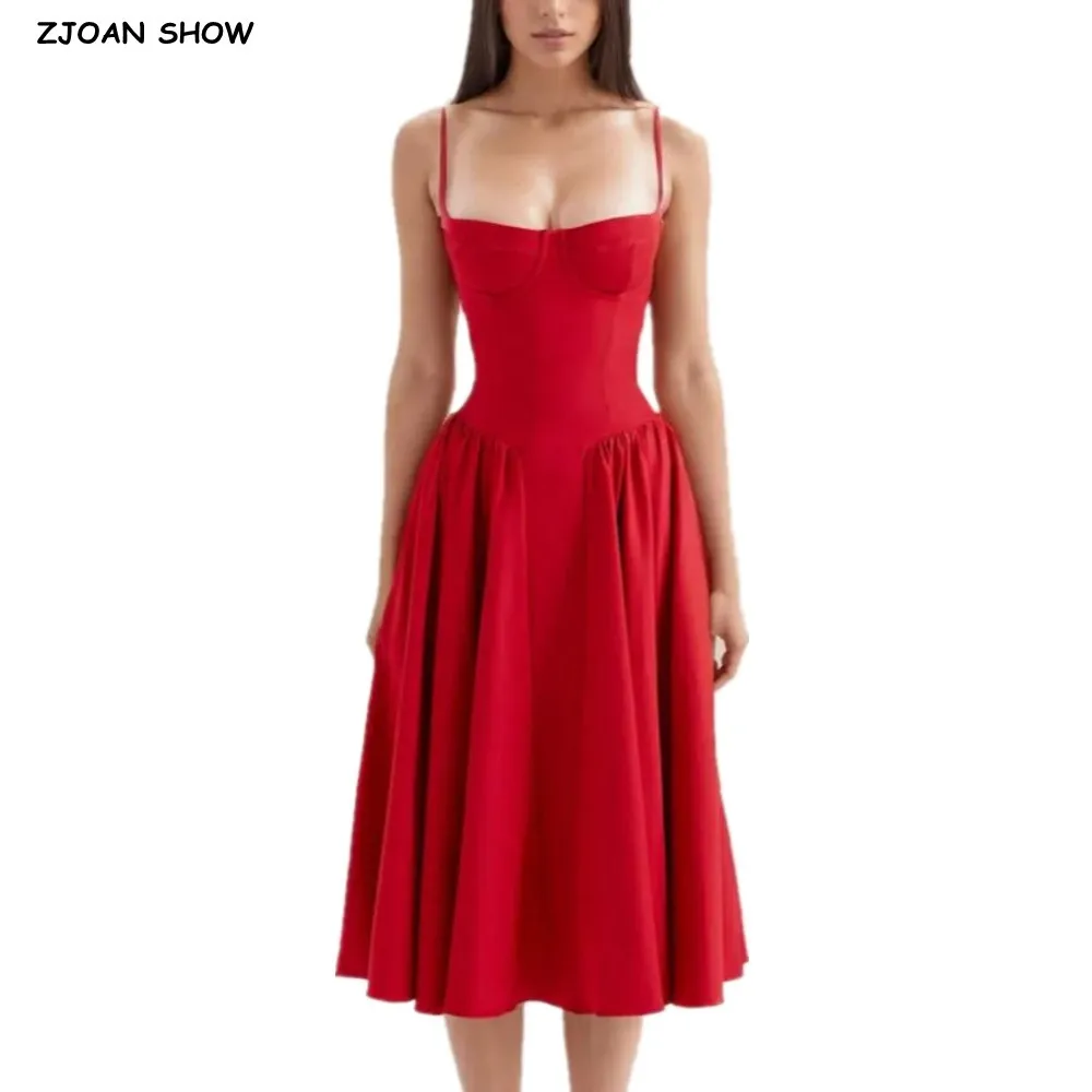 2025 حمالة صدر حمراء رومانسية مع سلك مشد نمط منخفضة الخصر Ruched مطوي سوينغ ميدي فستان المرأة مثير الصيف حبال فساتين رداء طويل