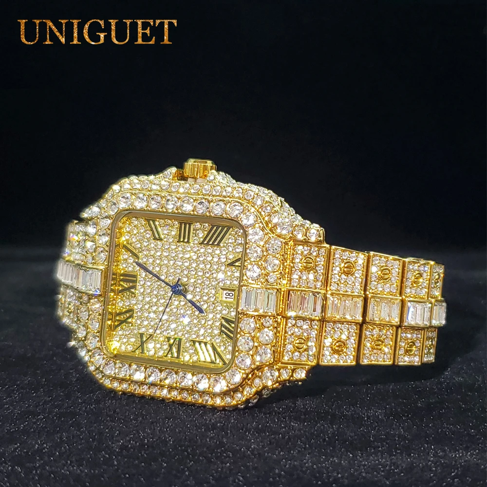 UNIGUET Jam Tangan Berlian untuk Pria Jam Tangan Kuarsa Pria Kalender Titik Biru Persegi Jam Tangan Modis Es Mewah Dropshipping