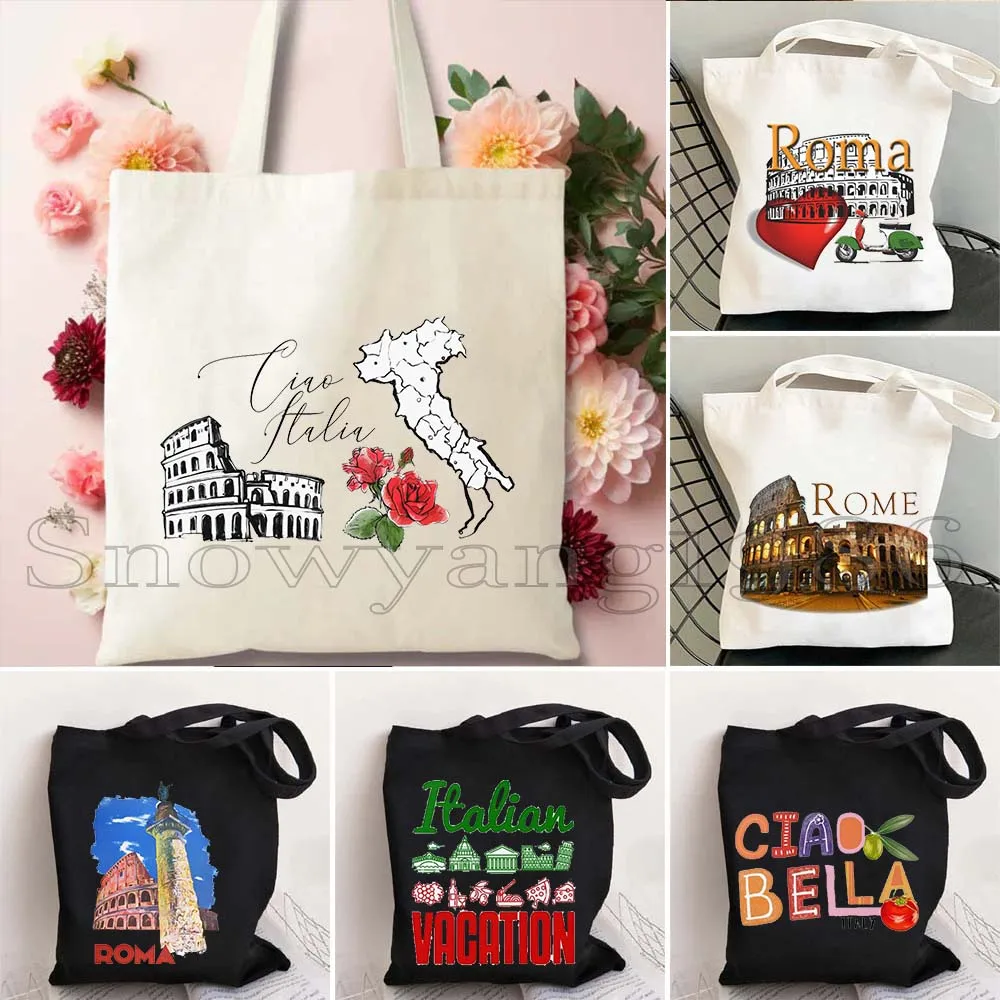 Divertente Ciao Bella che dice Italia Bandiera Roma Colosseo Firenze Firenze Firenze Firenze Panorama Borsa tote in tela italiana Shopper Girl Borsa casual