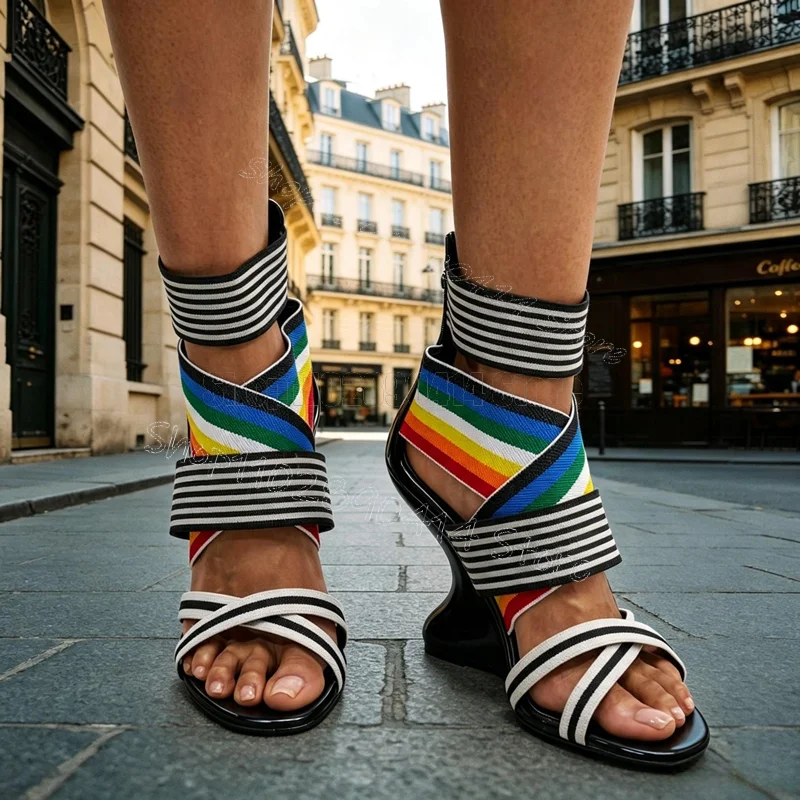 Rainbow Stripe Design Strange Style Heels Sandals Back Zipper Women Shoes Open Toe Party Feast Dating 2026 Zapatos Para Mujere