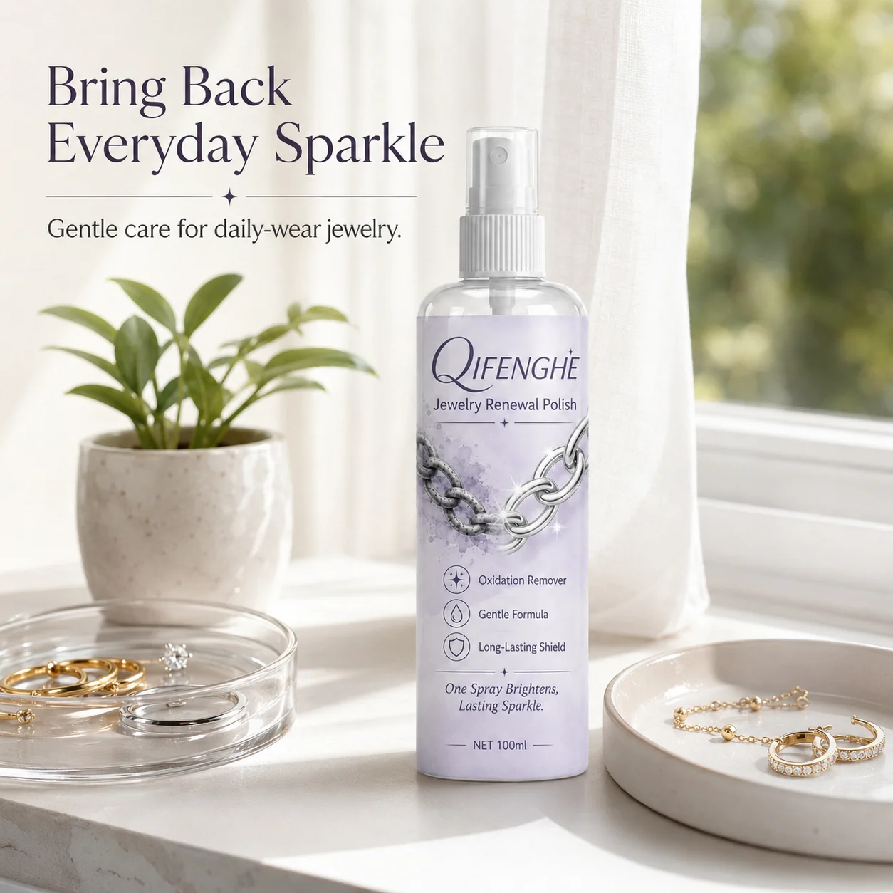QIFENGHE Jewelry Anti-Tarnish Spray, Polish & Protect for Gold Silver, Restore Shine, Long-Term Oxidation Prevention