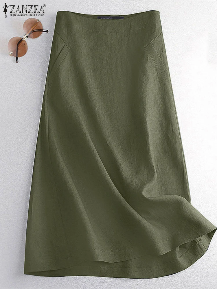 ZANZEA Vintage Women Cotton Mid-calf Skirts Autumn High Waist Solid A-line Skirt Fashion Casual Overskirts Holiday Faldas Saia