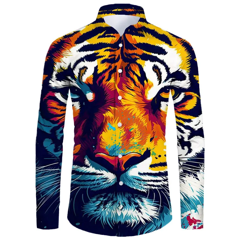 

2024 Hawaii Men's Casual Shirt 3D Printed Tiger Pattern Luxury Streetwear Long Sleeve Rollover Vintage Shirt Top Men's Shirt