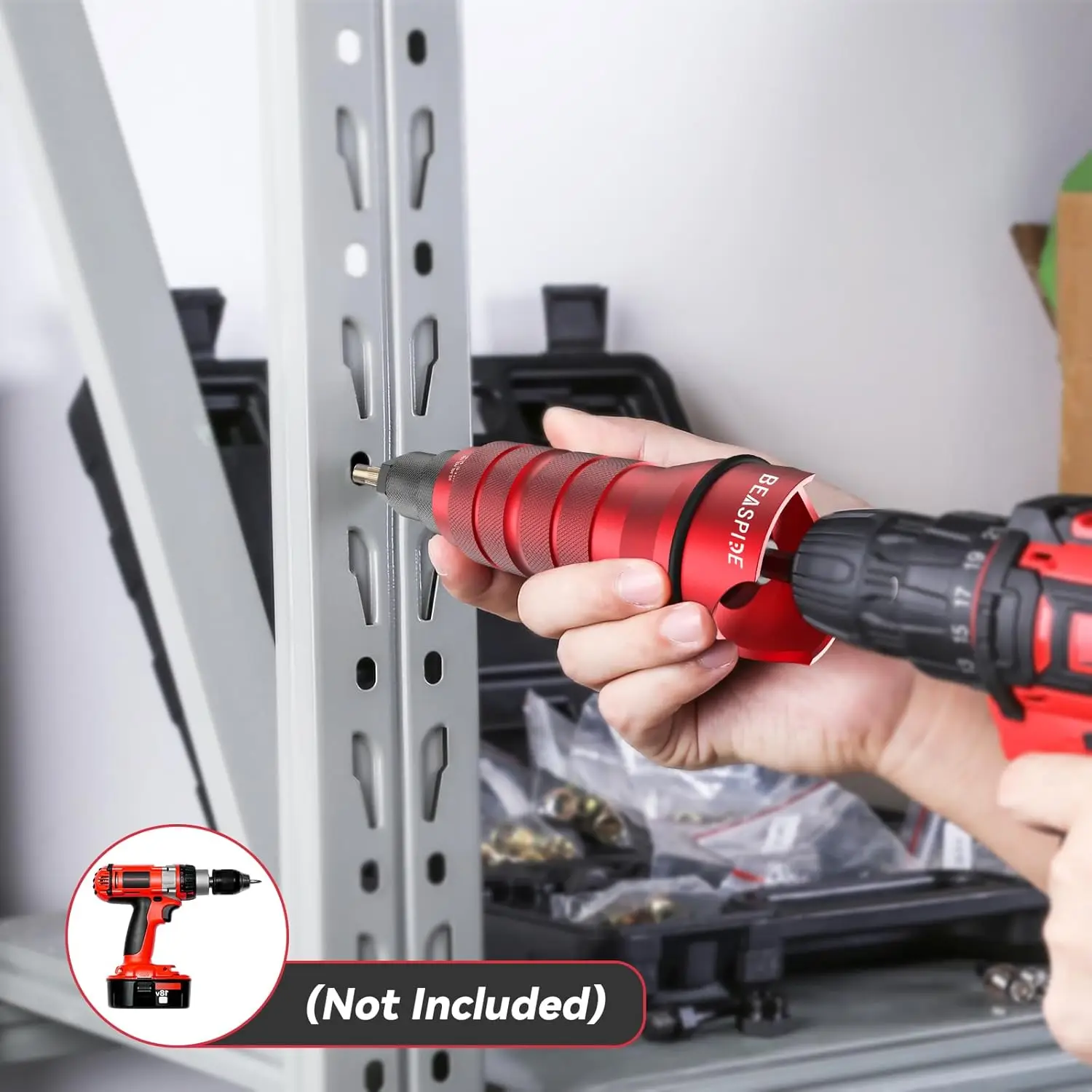 Cordless Drill Rivet Nut Adapter Kit with 10 Mandrels and 50 Assorted Nuts in Rugged Case