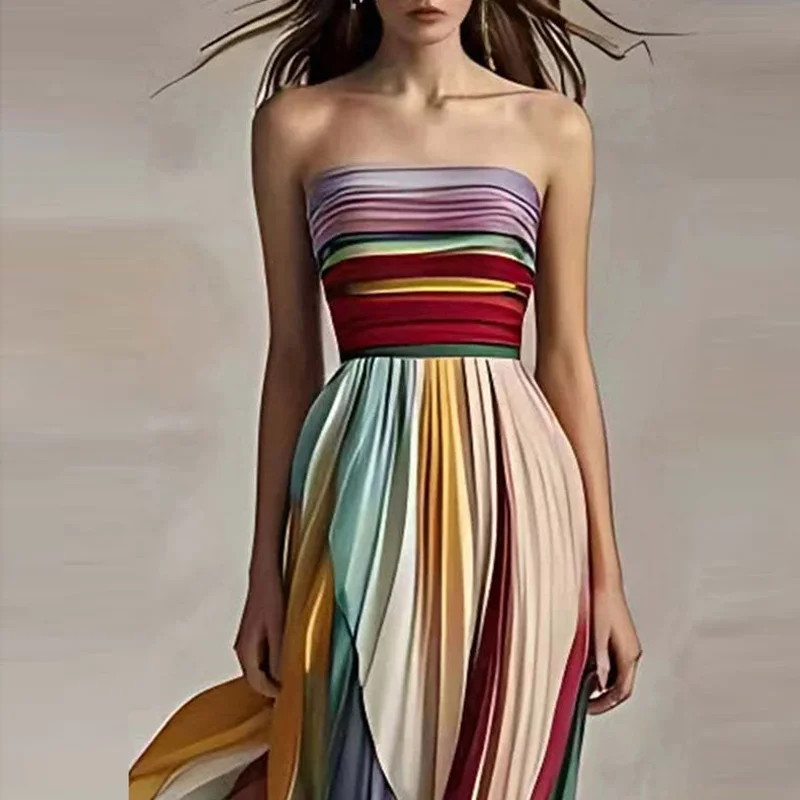 Elegant Sexy Off Shoulder Tube Tops Colorful Stripes Maxi Dress Women Sleeveless Color Collision Wrinkles Irregular Party Dress
