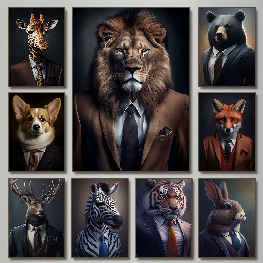 Human Body Animal Head Posters Lion Suit Giraffe Zebra Fox Pictures Modern Wall Art Paintings for Living Room Home Decoration