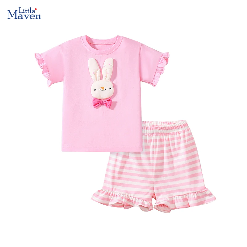 Little maven Baby Girls Children's Clothing Kids Clothes Tracksuit 2025 Summer Cotton Sets Cartoon Rabbits T Shirts Tops+Pants