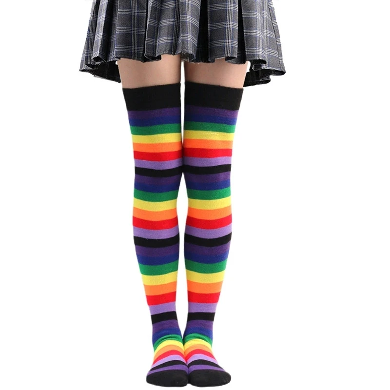 Colorful Rainbow Stockings Women Over Knee High Long Striped Socks Party Anime Performance Cosplay Sock Christmas Halloween Gift