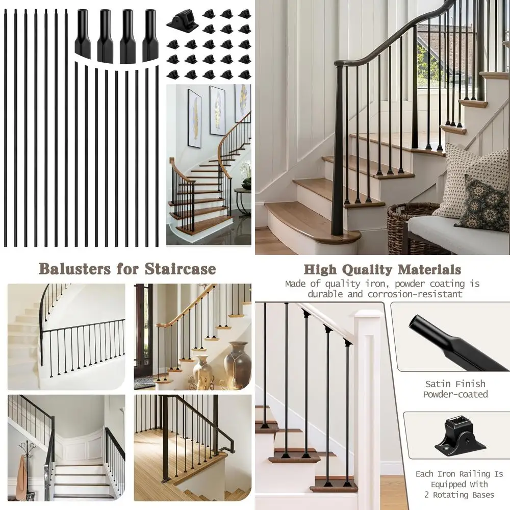 16 عبوة من الدرابزين الحديدي المستقيم المجوف مقاس 1/2 × 44 مع 32 حذاء دوار ثابت لدرابزين الدرج الداخلي، أسود غير لامع