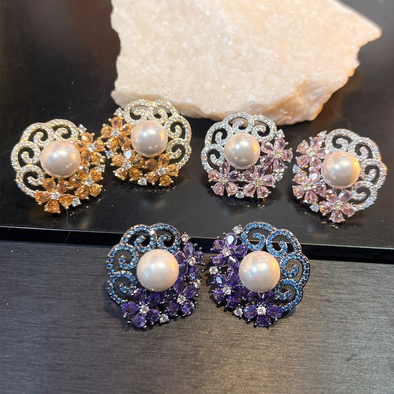 Vintage Hollow Flower Stud Earrings Imitation Pearl Center Multi Color Cubic Zirconia Floral Statement Daily Jewelry For Women
