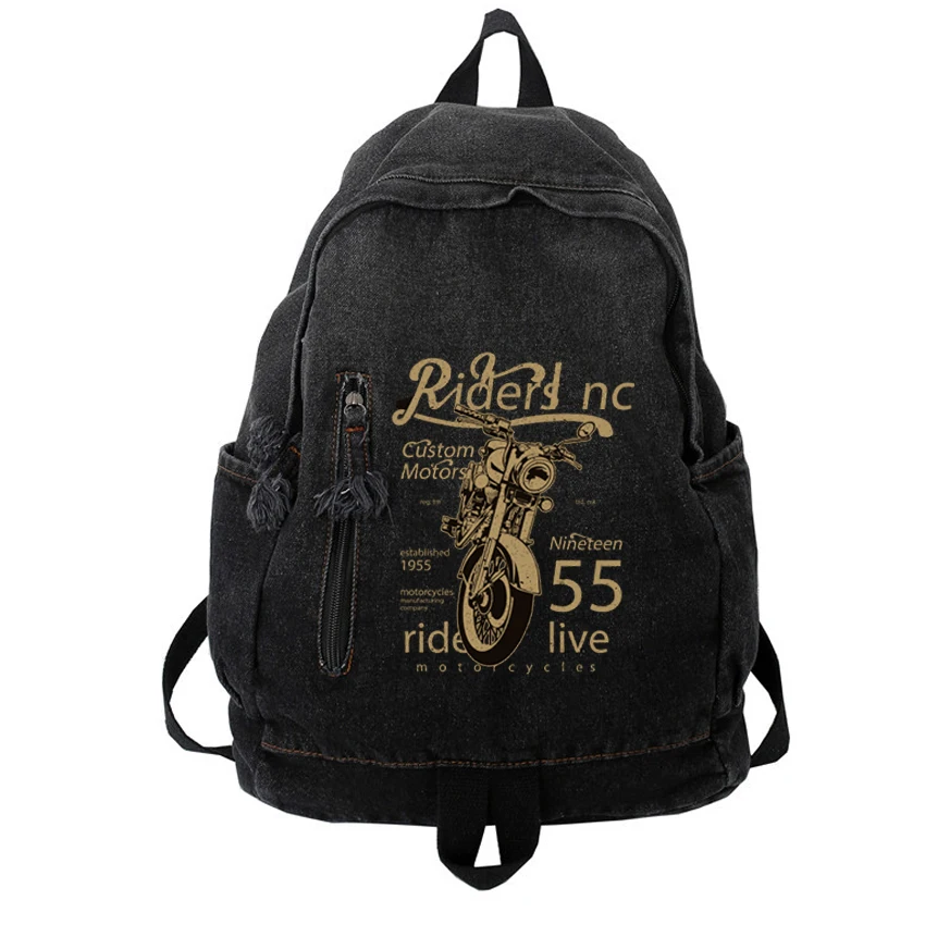 

Ladies Soft Backpack Trendy Washed Denim Boy Girl Travel Male Female Backpack Women Men Funny Motorcyle Ride Pattern Printed Bag