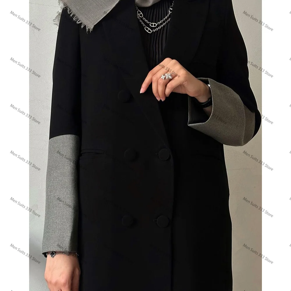 Costume de Luxe Noir à Double Boutonnage pour Femme, Veste Longue à Revers Patricia, Blazer Abaya, Tenue de ixMusulmane, 1 Pièce, 2024