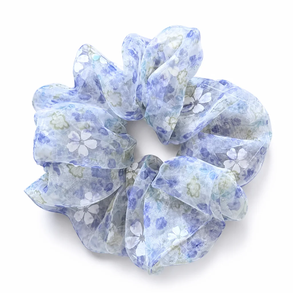 lavender-blue-watercolor-floral-pearl-sheer-single-layer-scrunchie-oversized-handmade-hair-tie-for-women