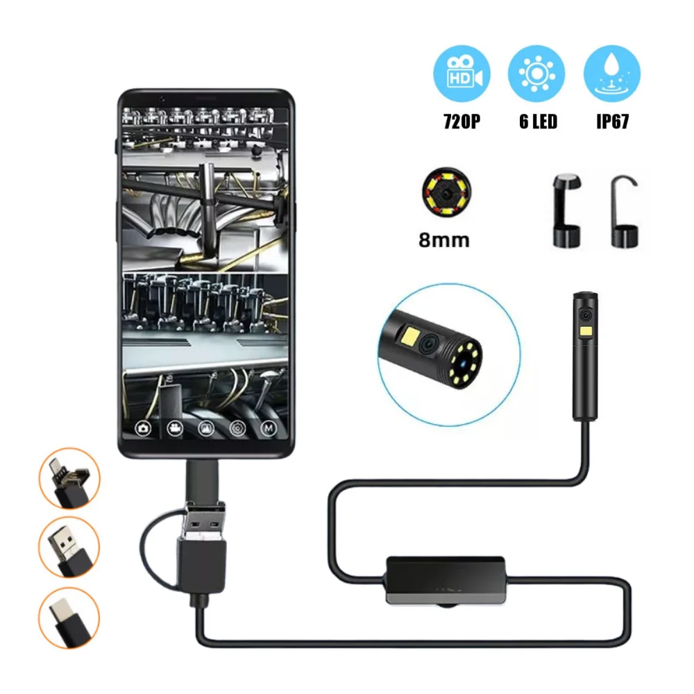 

8.0mm High Quality Dual Lens Endoscope 720P Type-C Flexible Car Pipe Inspection Borescope Camera 10m for OTG Android Phone PC