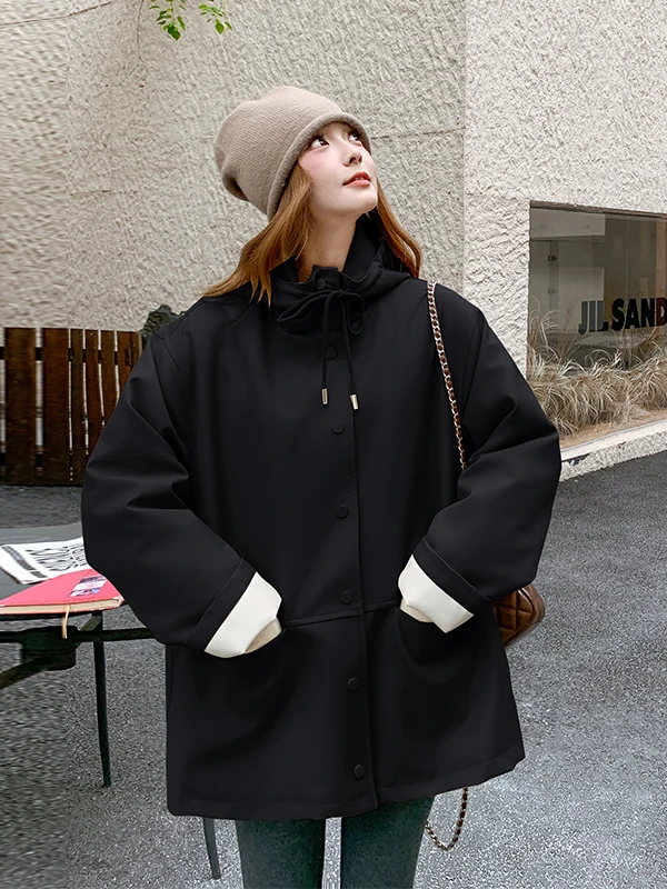 Parka damska khaki z kapturem, ocieplana, zimowa, z podszewką z polaru, koreański styl, wyszczuplająca, regularny krój, swobodna.