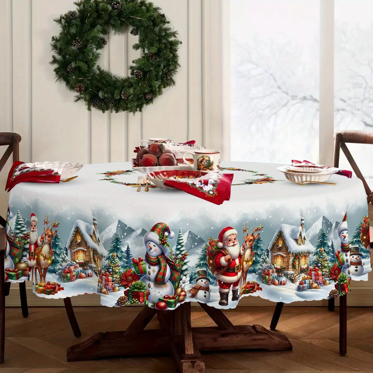 One Christmas tablecloth with designs of Santa Claus, snowmen, reindeer and Christmas trees