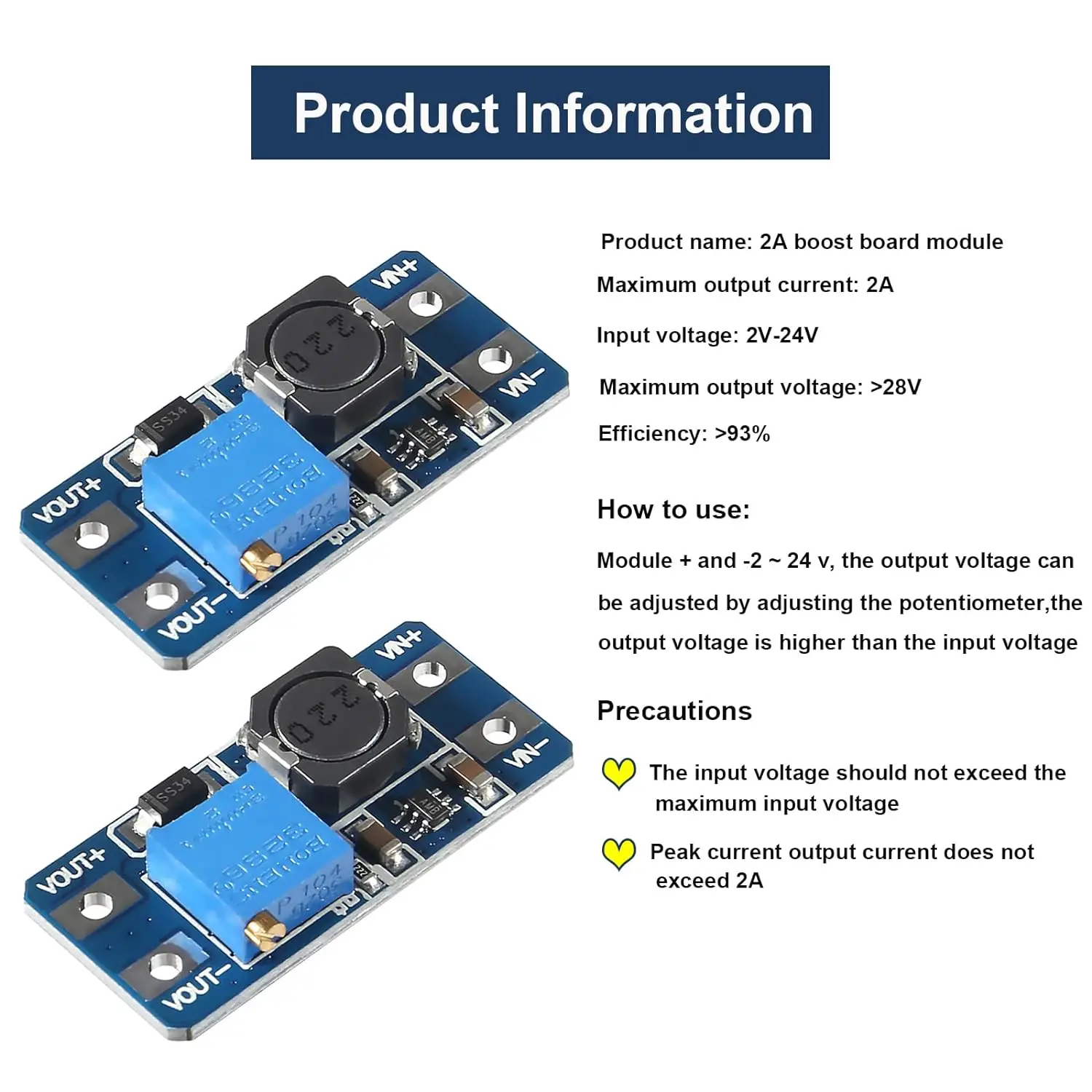 5PCS MT3608 DC-DC Step Up Boost Power Converter 2A Module Adjustable Step Up Voltage Regulator Board Voltage 2-24V to 5V-28V Out