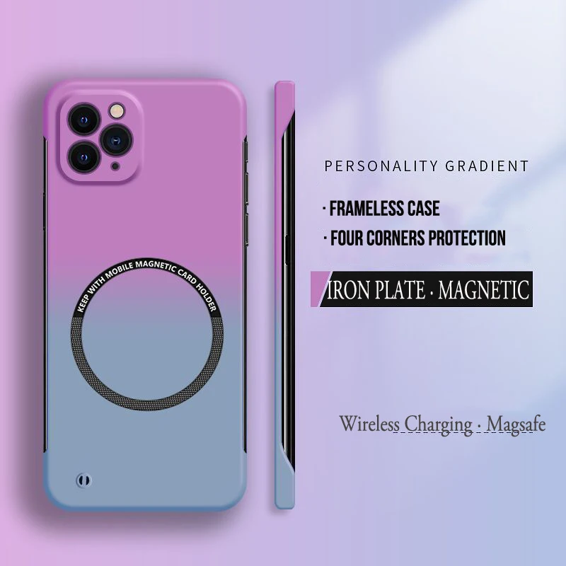 Hard PC Gradient Color Frameless Phone Case For Magsafe iPhone 16 15 14 Plus 13 12 11 Pro X XR Xs Max Magnetic Matte Thin Cover