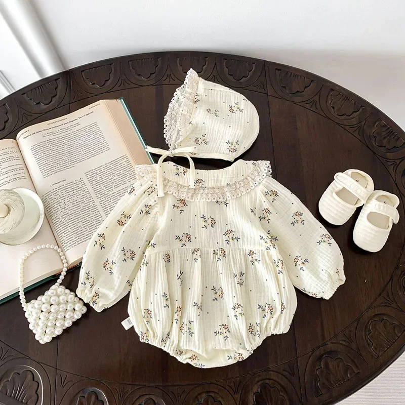 2024 Autumn New Baby Clothes Floral Bodysuit for Infant Girls Toddler Peter Pan Collar Long Sleeve One Piece with Hat 0-2 Y