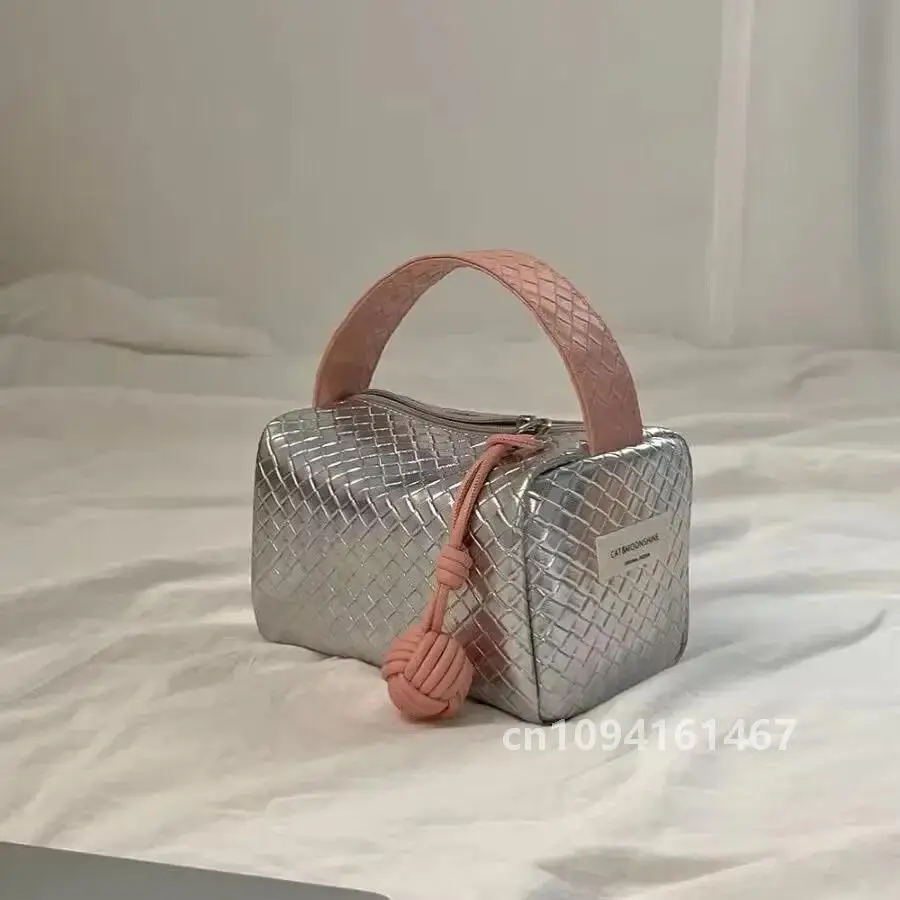 Original silver powder color matching woven pattern 2023 new small handbag portable makeup bag, storage bag, organizing bag