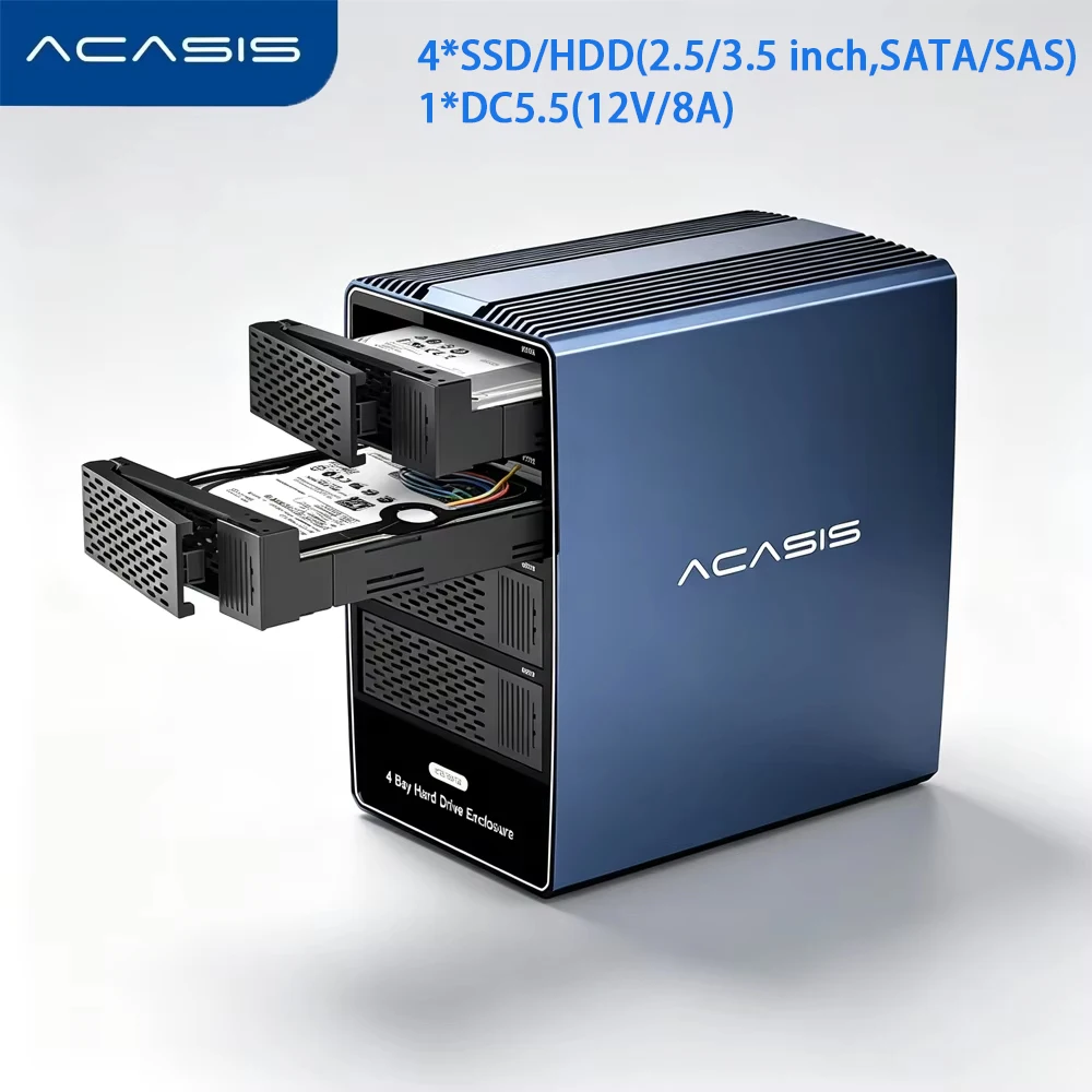 Acasis 4‑Bay Hard Drive Enclosure 2.5/3.5 Inch SATA SAS HDD SSD External Storage Case USB‑C 3.0 Support Large Capacity for Desktop Enterprise Data Storage