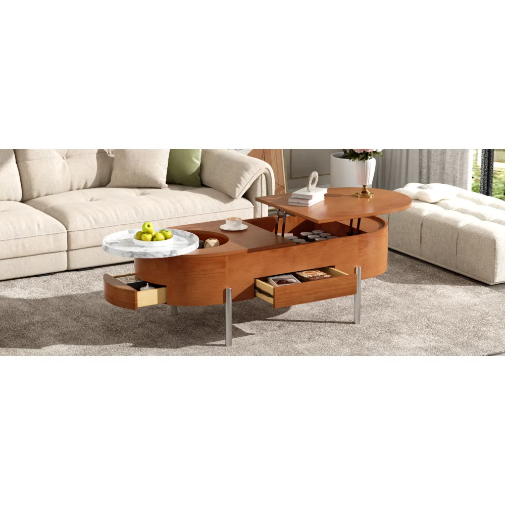 U-Can 47.2''Lift Top Coffee Table with 360-degree Marble-patterned Rotating Tray Hidden Compartment Partially Assembled Wooden