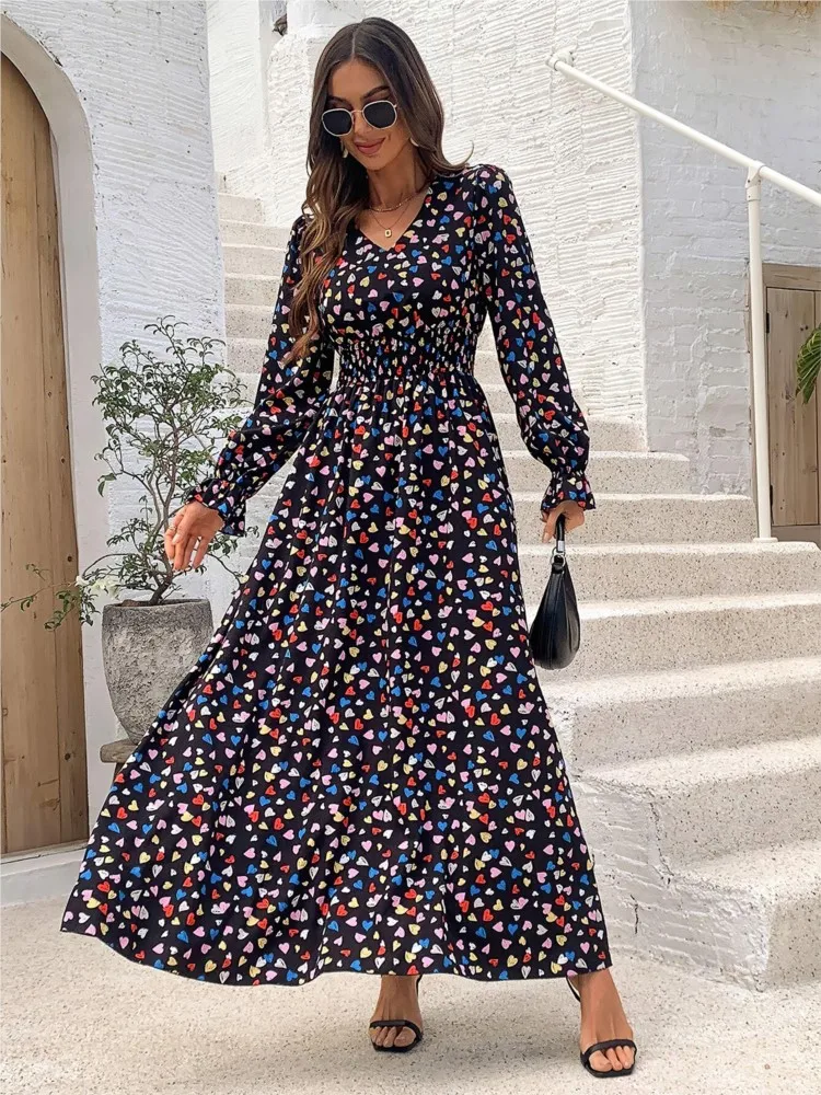 Vestido largo con estampado Floral para mujer, prenda de manga larga con cintura ajustada, holgada, plisada, con volantes y cuello en V, para otoño