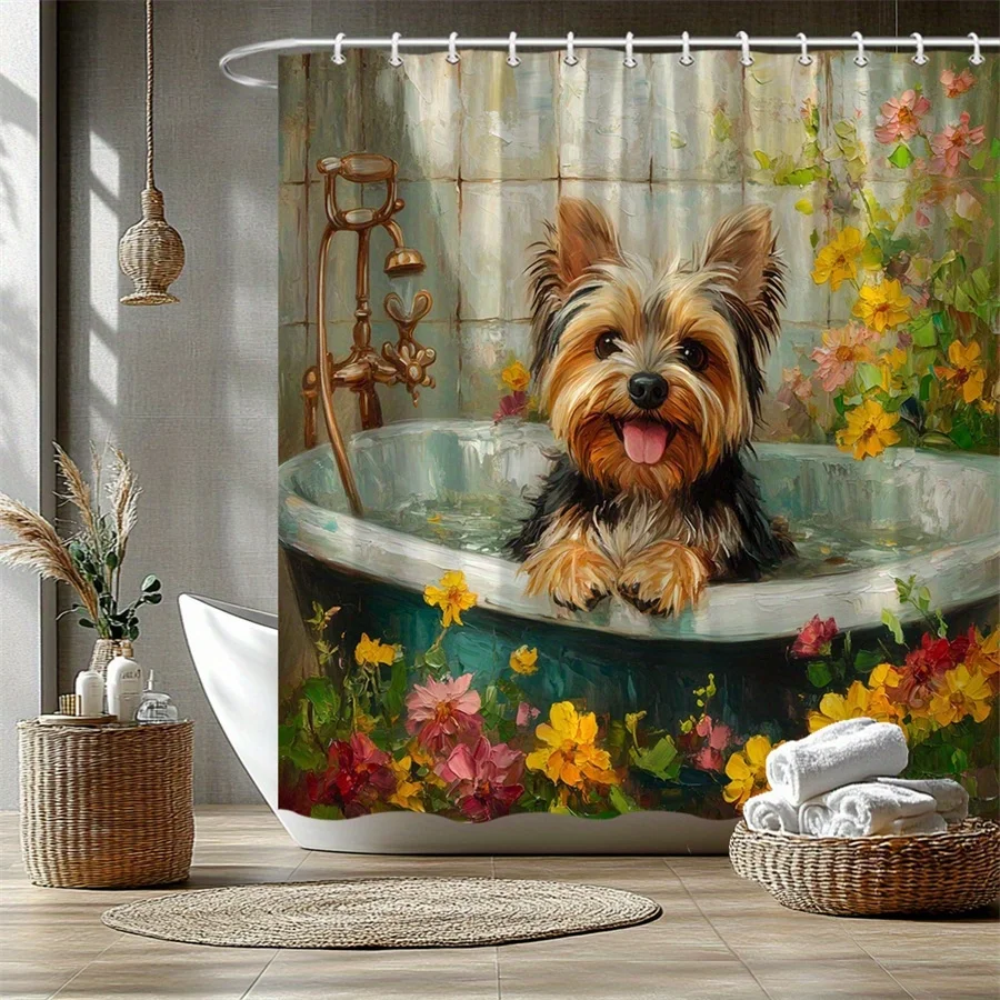 1 rideau de douche fantaisie avec motif Yorkshire Terrier dans une baignoire, en polyester, lavable en machine, avec 12 crochets, pour une décoration de salle de bain apaisante