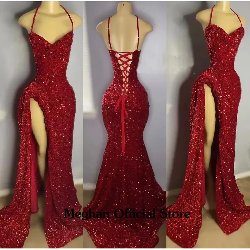 

Sexy Red Sweetheart Evening Dress 2025 For Black Girls Lace Up Back Sequined Birthday Party Gowns Side Slit Long Prom Dresses