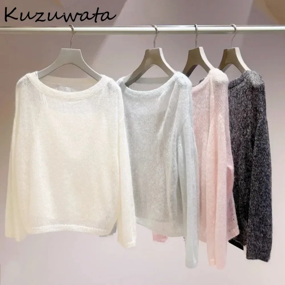 Kuzuwata Moda Loose O Neck Long Sleeve Soft Jumper Pullover Hollow Out Wool Sling Sweaters Japan All-match Simple Knit Knitted