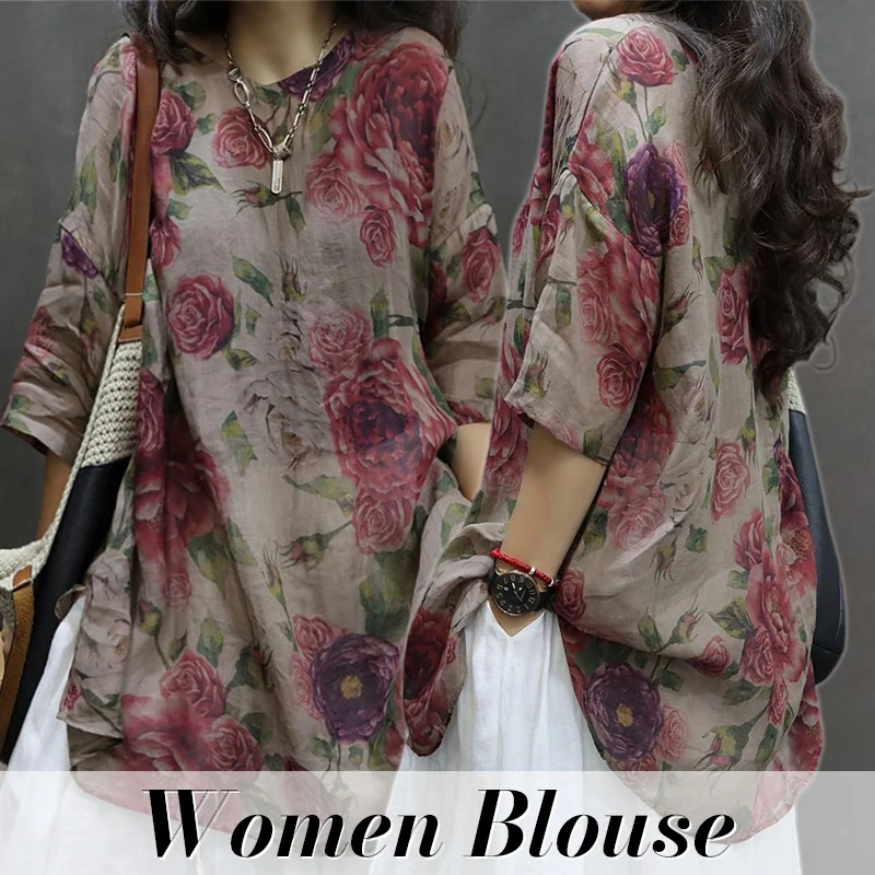 

1pc Summer Chinese-style Cotton-linen Top Lightweight Plus Size T-shirt Mid-length Long-sleeved Top for Women