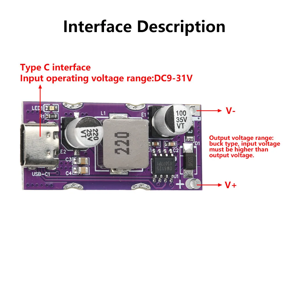 Type-c PD3.1 QC2.0/3.0 SCP Fast Charging Adapter Module DC 9-31V 3.25A 63W Step Down Module