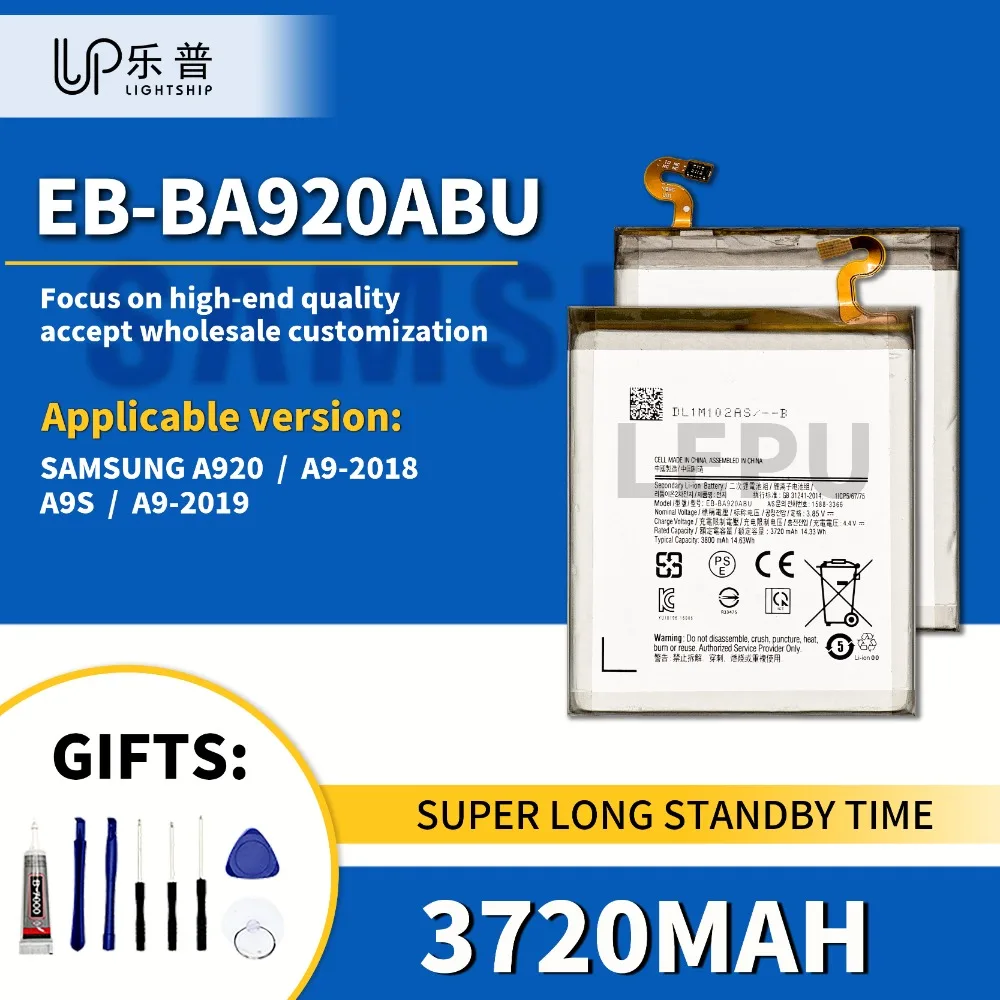 

Real Original 3720mAh EB-BA920ABU Phone Battery for SAMSUNG A920 with Free Tool Kits SAMSUNG A9 2018 A9S A9 2019 Replace Battery