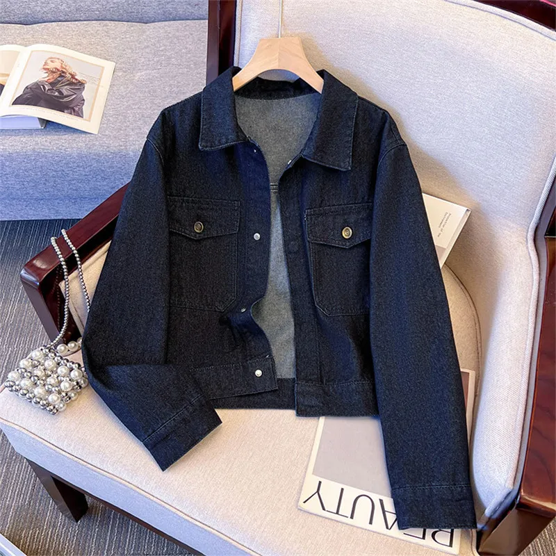 

Autumn New Women Vintage Dark Blue Casual Short Denim Jacket Loose Big Pocket Lapel Long Sleeve Jeans Jacket Female Basic Coat