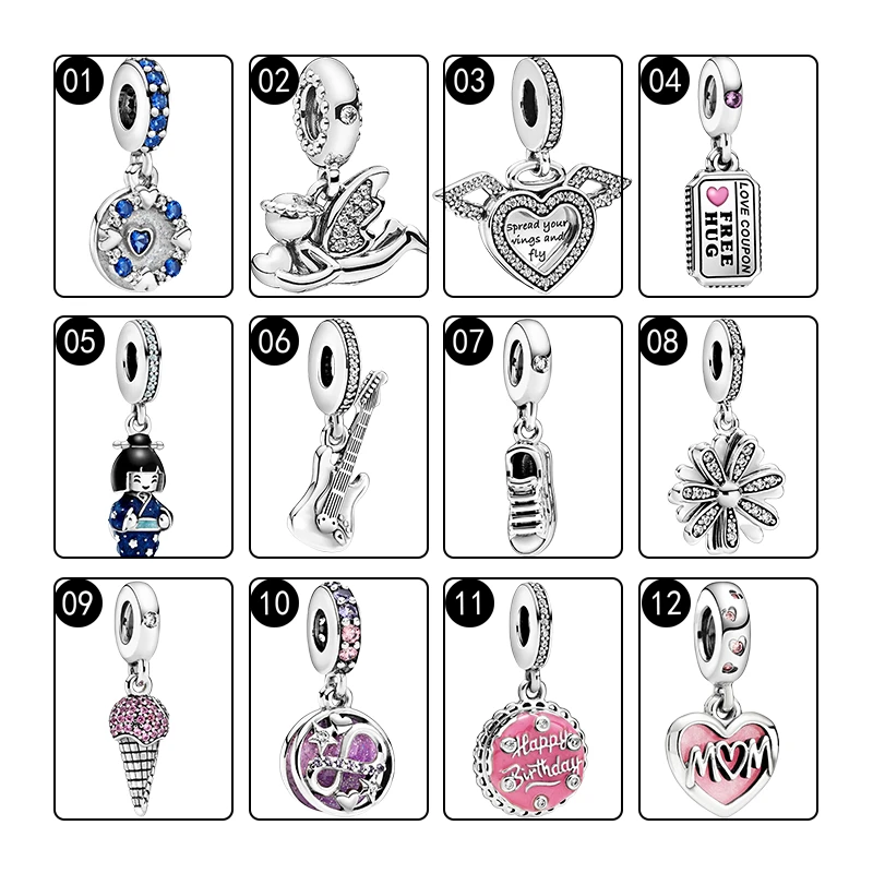 Silver 925 Pendants Charms For Women Bracelets DIY Mom Love Heart Angel Wings Guitar Shoes Daisy Flower Ice Cream Birthday Cake