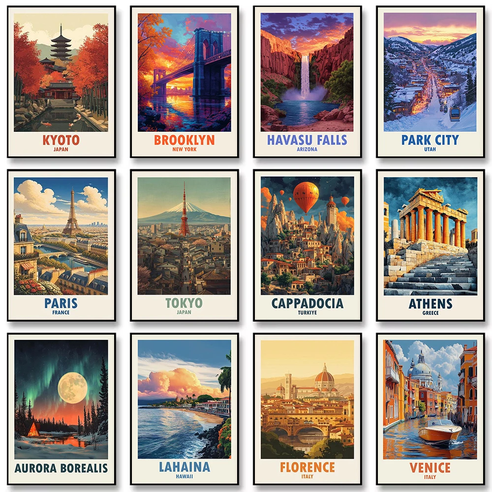 World Travels Retro Global City Landmark Famous Destination Canvas Painting Wall Art Poster Picture Home Decor Mural Cuadros